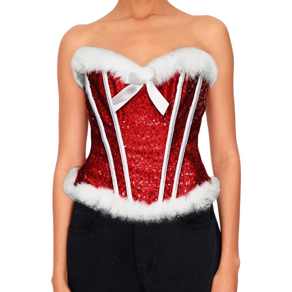 Eghunooye Christmas Corset Tops for Women Sleeveless Fur Trim Lingerie Bustier Sexy Santa Claus Cosplay Outfit (Red, XL)