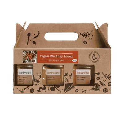Drivers Pickles - Vegan Chutney Lover Selection Box Food Hamper. Chunky Piccalilli, Spicy Mango Chutney & Cucumber Relish with Gin Vegan & Gluten Free Hampers for Men & Women. Chutney Gift Box