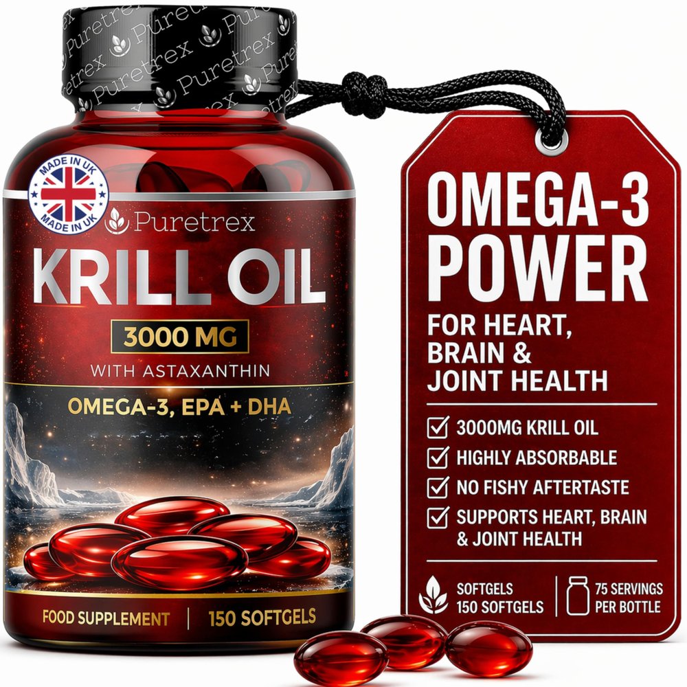 Puretrex Krill Oil 3000mg 150 Softgels Made in UK Omega 3 EPA DHA with Astaxanthin & Phospholipids, High Absorption, No Fishy Aftertaste, Heart Brain Joint Eye Support