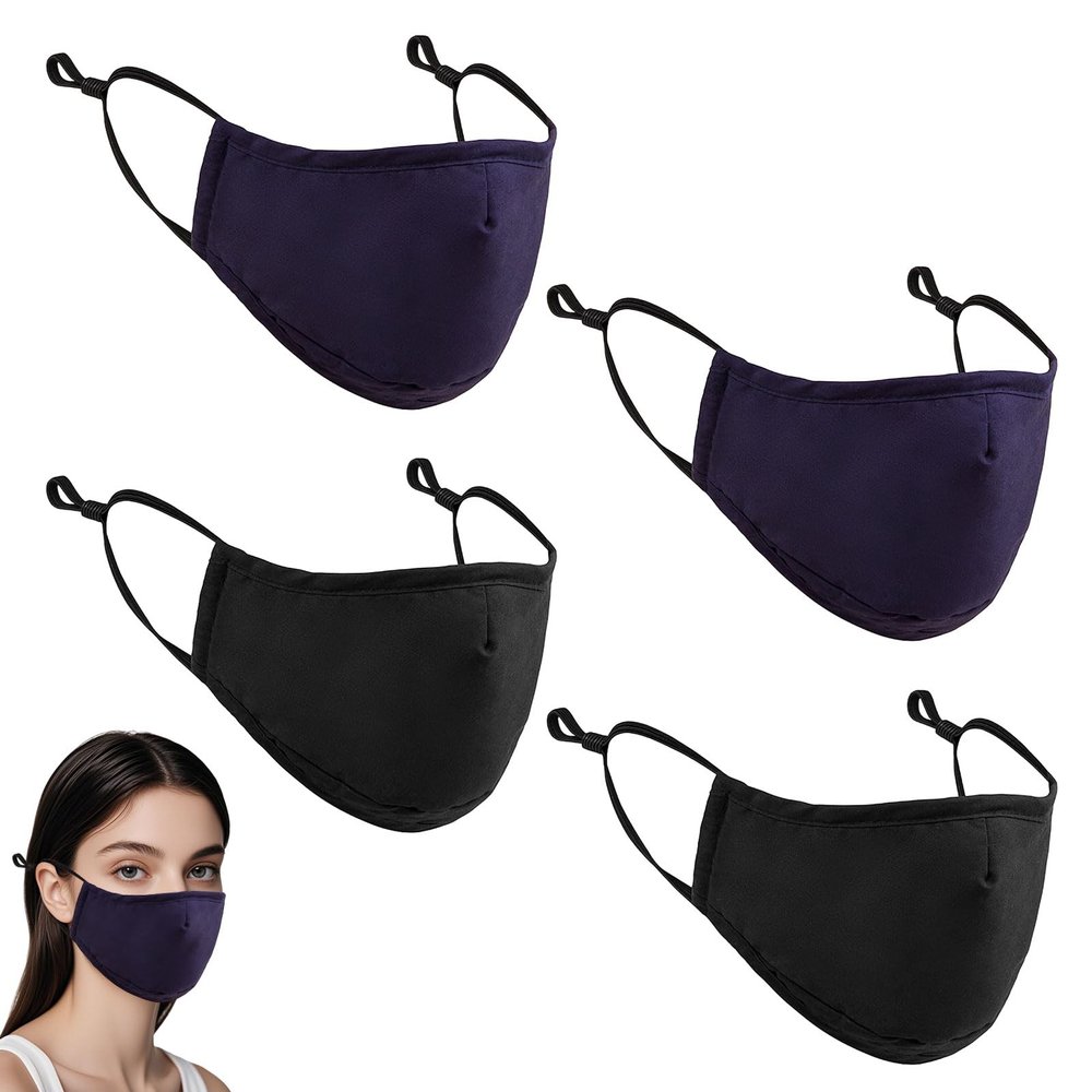 Grosion 4 PCS Reusable Cotton Face Masks with 2 Black Mask + 2 Navy Blue,Reusable Cotton Covering with Nose Wire for Glass Wearers,Washable and Breathable Fabric with Adjustable Ear Loops