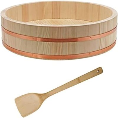 Wooden Sushi Rice Mixing Tub with Spoon for Authentic Japanese Cuisine Preparation