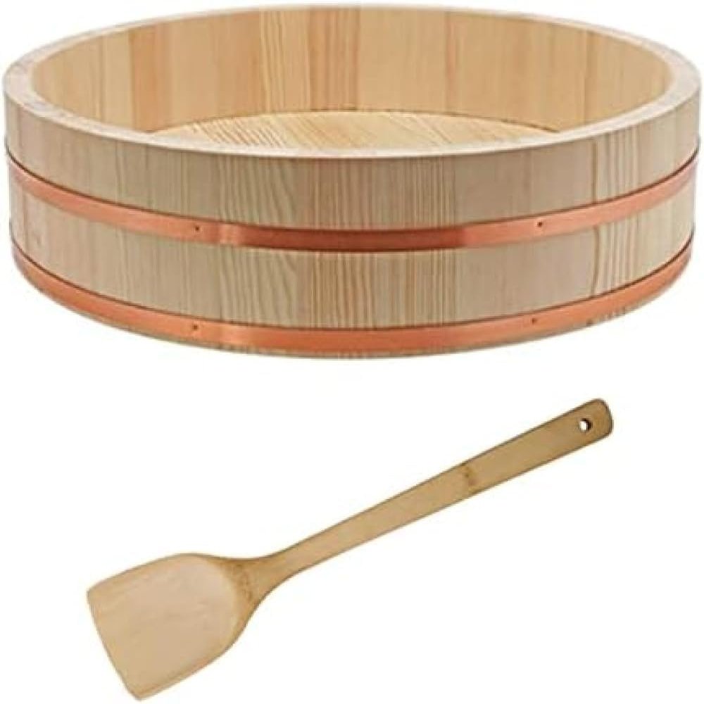 Wooden Sushi Rice Mixing Tub with Spoon for Authentic Japanese Cuisine Preparation