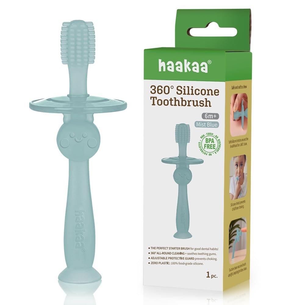 haakaa 360 Silicone Baby Toothbrush 100% Soft Food Grade Silicone, BPA-Free, Suction Base, Safe for Babies 6 Months+, Gentle Gum and Teeth Cleaning for Infants, Gum Massager (Mist Blue)