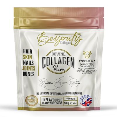 BeYouty Grass-Fed Bovine Collagen Peptides | Pure Hydrolysed Type I, III & X | Premium Micro-Hydrolysed Peptides | 500g