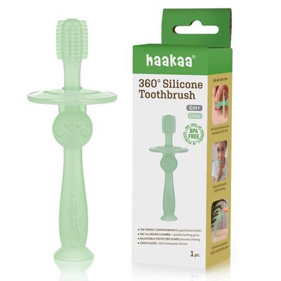 haakaa 360 Silicone Baby Toothbrush 100% Soft Food Grade Silicone, BPA-Free, Suction Base, Safe for Babies 6 Months+, Gentle Gum and Teeth Cleaning for Infants, Gum Massager (Lime)