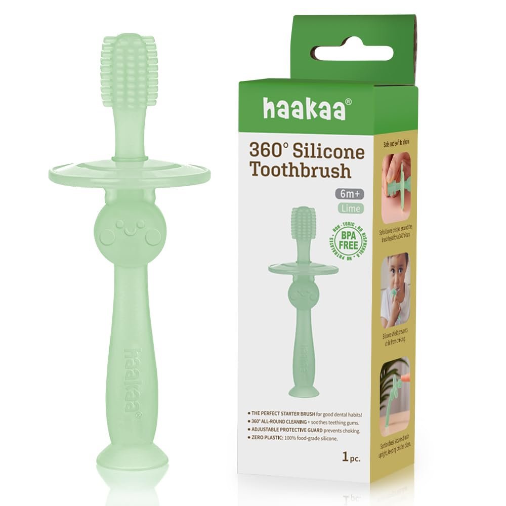 haakaa 360 Silicone Baby Toothbrush 100% Soft Food Grade Silicone, BPA-Free, Suction Base, Safe for Babies 6 Months+, Gentle Gum and Teeth Cleaning for Infants, Gum Massager (Lime)