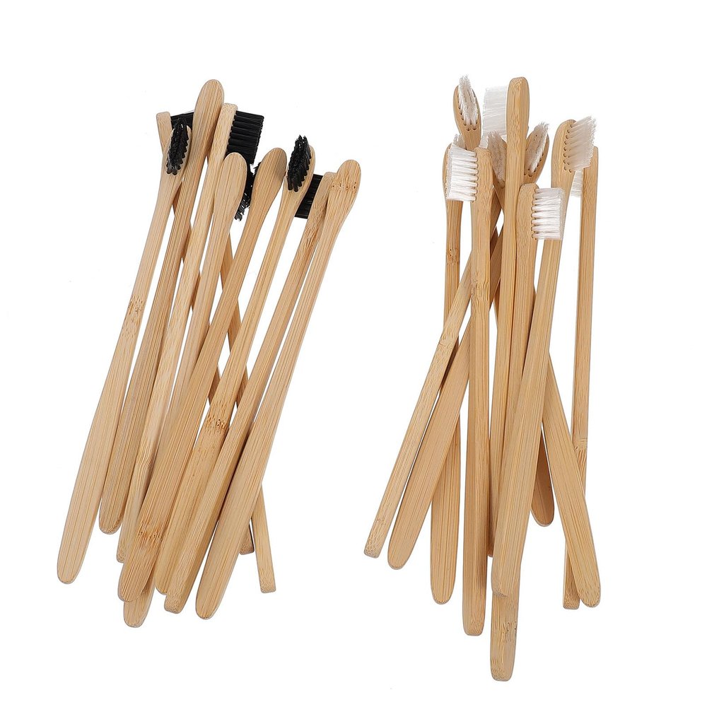 20pcs Bamboo Toothbrushes for Adults Household Use Natural Bristles Small Head Comfortable Handle Black White for Women and