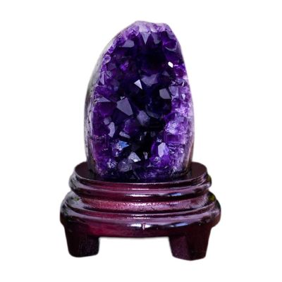 Amethyst Crystal Geodes, Natural Purple Crystal Quartz Cluster with Wooden Stand for Home Decor, Meditation, Feng Shui, Healing and Chakra Balance(500g)