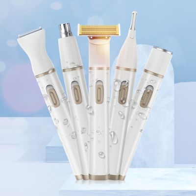 5 in 1 Multifunctional Electric Shaver for Female USB Rechargeable Bikini Trimmer Eyebrow Nose Hair Instrument Cordless Grooming with Removable Heads Face Legs