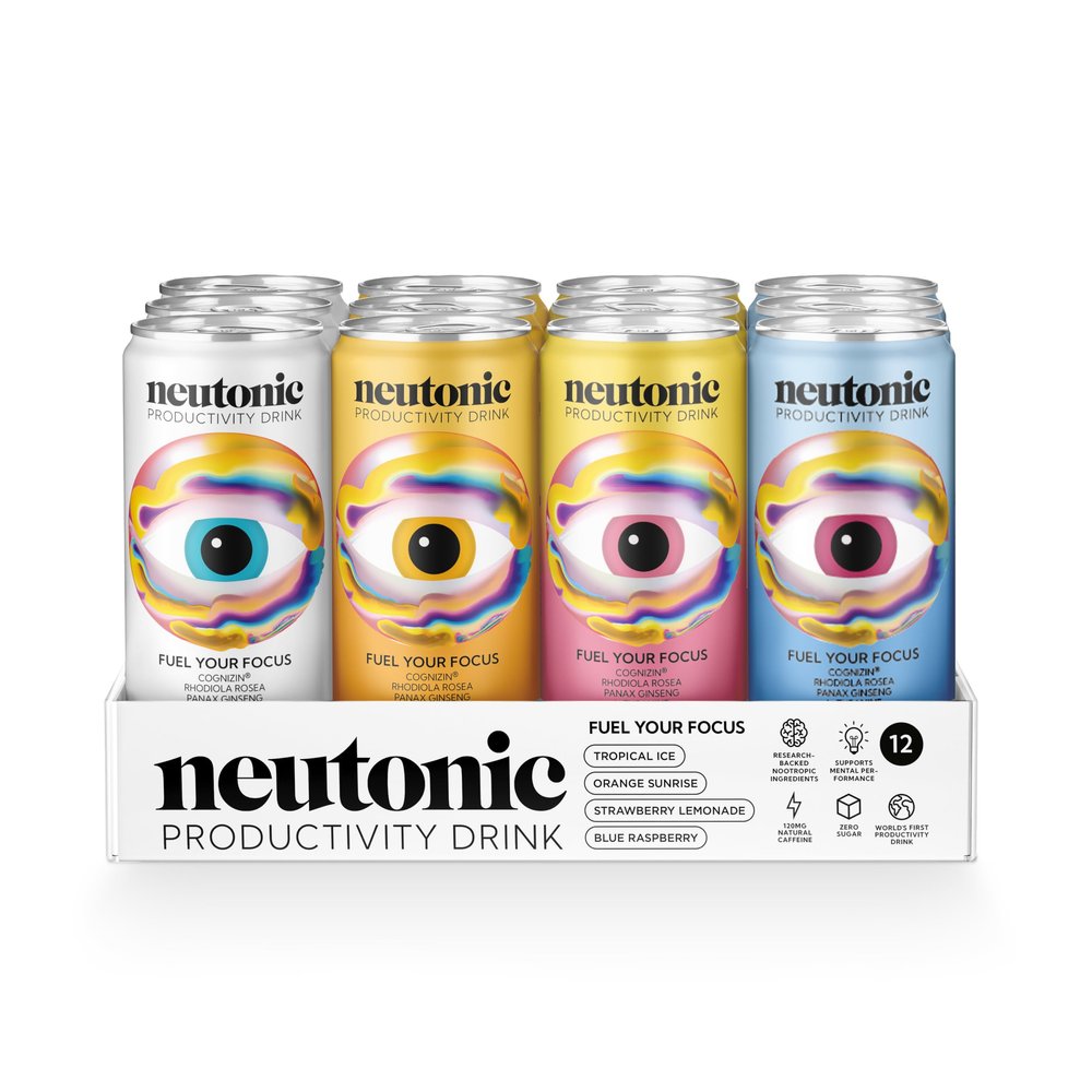 Neutonic Nootropic Productivity Energy Drink | Variety Pack 12 Cans | 120mg Natural Caffeine, Zero Sugar | Support Energy, Mental Performance, Cognitive Function | Support Focus, Brain Health