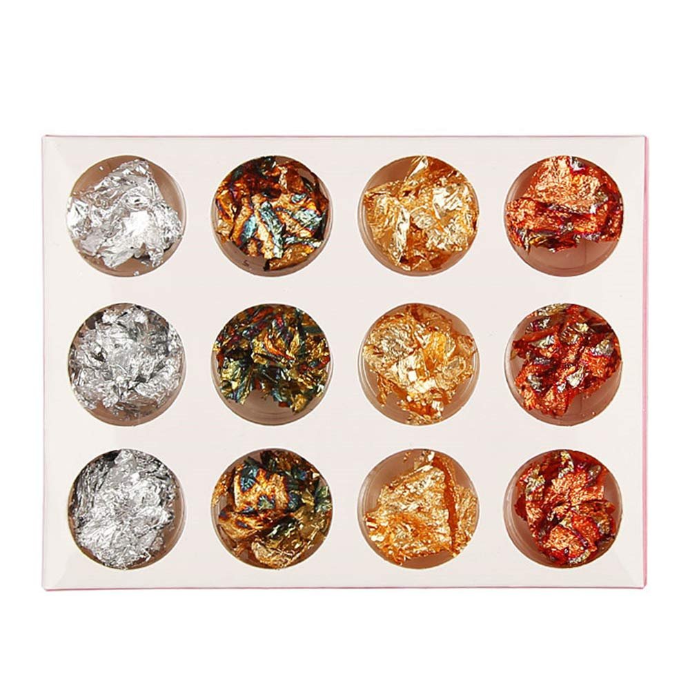 12 Boxes Gold Silver Copper Foil Nail Art Chip Glitter Decoration for Manicure Design Soft Tinfoil Easy to Use Different Shapes Ideal Professional Manicurists Family Beauty