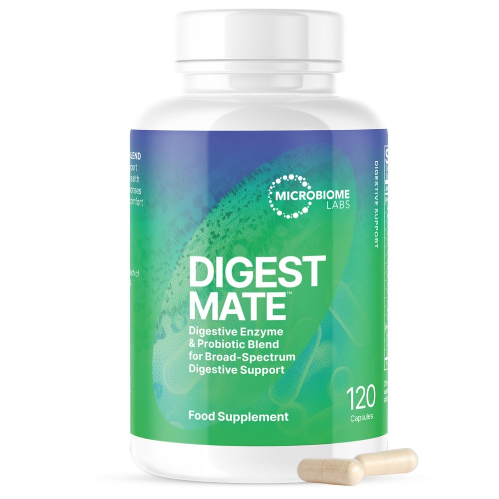 Microbiome Labs DigestMate Digestive Enzyme Blend & Probiotics for Broad-Spectrum Gut Support, Spore Probiotic Supplement & 14 Enzymes for Complete Digestion - 120 Vegan Capsules