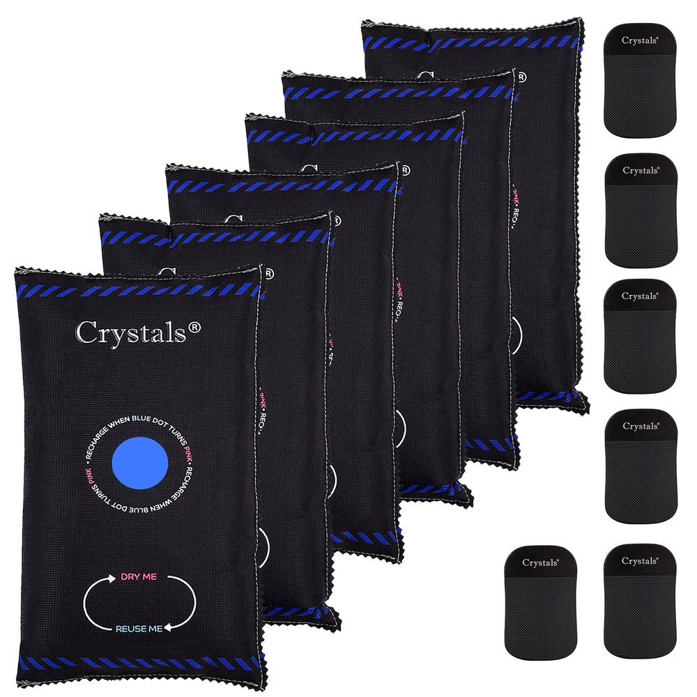 Crystals 6 x 1KG Reusable Car Dehumidifier Bags/Powerful Moisture Absorber for Car, Van, Caravan, Boat & Home/Prevents Damp, Mould & Condensation, Keeps Windows Clear, Includes Anti-Slip Pads Black