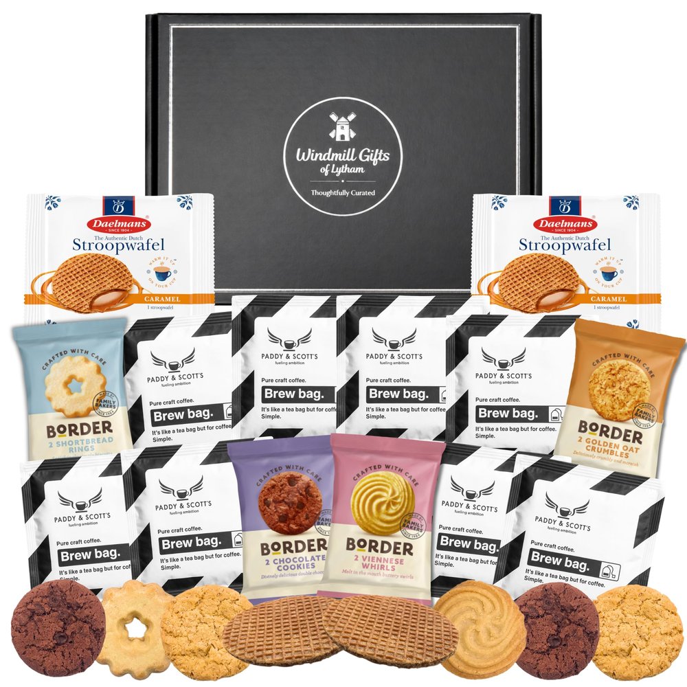 Coffee Gift Set Bundle With x8 Paddy and Scotts Coffee Bags, x2 Jumbo Stroopwafels and Border Biscuits Individually Wrapped - Women and Mens Hampers Gift Sets