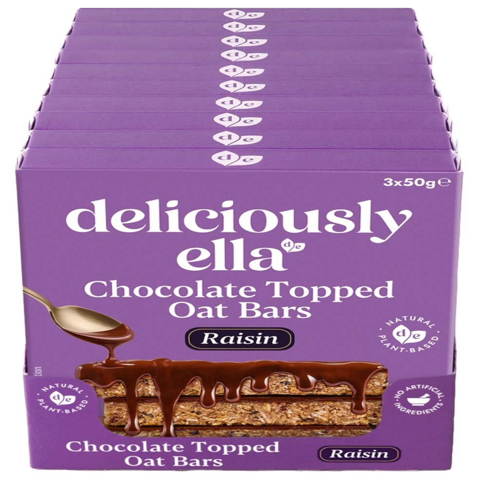 Deliciously Ella Chocolate Topped Oat Bars - 30 x Bars - Gluten & Dairy Free - Healthy & Natural Snacking (30 x 50g Bars, Raisin Chocolate Topped)