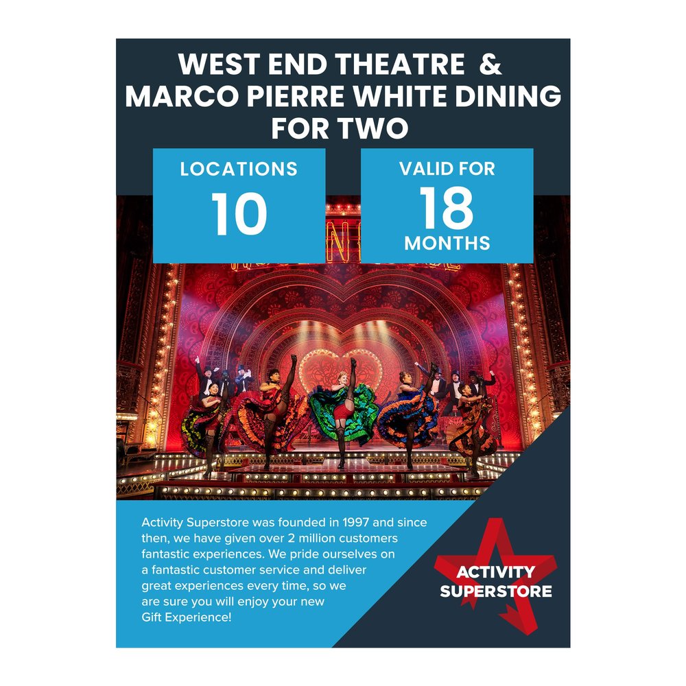 Activity Superstore West End Theatre & Marco Pierre White Dining for Two, World-Class West End show, Experience Days, London Getaway, Retirement Gifts, Dining Gifts