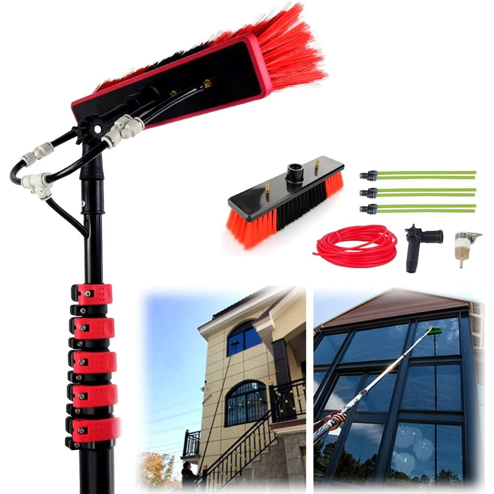 24ft Telescopic Window Cleaning Pole with Hose Fed Brush Kit - Perfect for Solar Panels Conservatories & High Windows - Long Reach Extension Tool for Effortless Cleaning & Shine