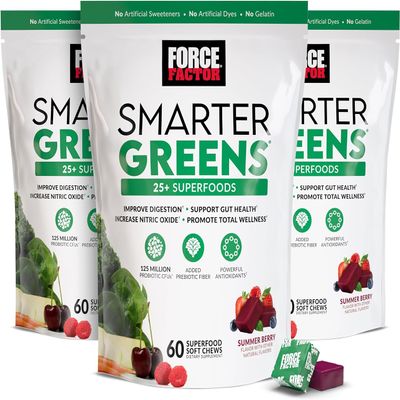 Force Factor Smarter Greens Superfood Chews, 25+ Superfoods with Probiotics, Antioxidants & Fibre, Summer Berry Flavour 60 Soft Chews (3)