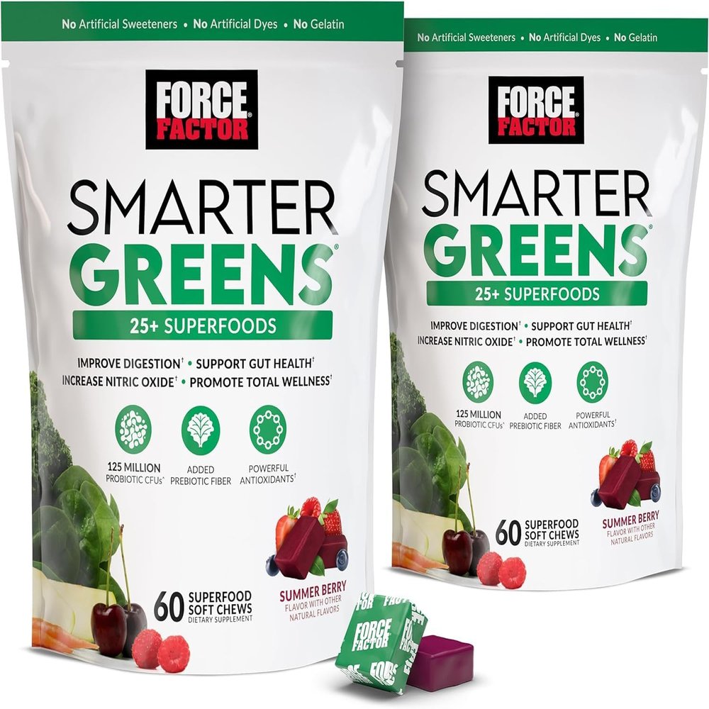 Force Factor Smarter Greens Superfood Chews, 25+ Superfoods with Probiotics, Antioxidants & Fibre, Summer Berry Flavour 60 Soft Chews (2)