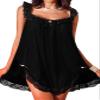 Foxiny Sexy Bows Split Side Ruffle Lace Mesh Sheer Babydoll Lingerie Dress Nightgown Set with Thong 2 Piece, Cotton Black, Medium view 1