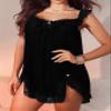 Foxiny Sexy Bows Split Side Ruffle Lace Mesh Sheer Babydoll Lingerie Dress Nightgown Set with Thong 2 Piece, Cotton Black, Medium view 3