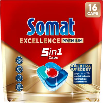SOMAT Excellence Premium 5-in-1 Caps (16 AW), Quick-Resolving Dishwasher Tablets with Extra Boost Even in Low Temperature, Short & Eco Programs, Removes Even 72 Hours of Dried Food Leftovers