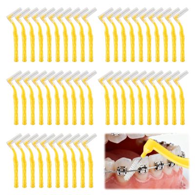 50pcs 1-1.2mm Yellow Interdental Brushes,Soft Dental Brushes,Interdental Brushes with Non-Slip Handle Angled Head,Floss Sticks for Braces Oral Cleaning Narrow Gaps Between Teeth(Yellow)