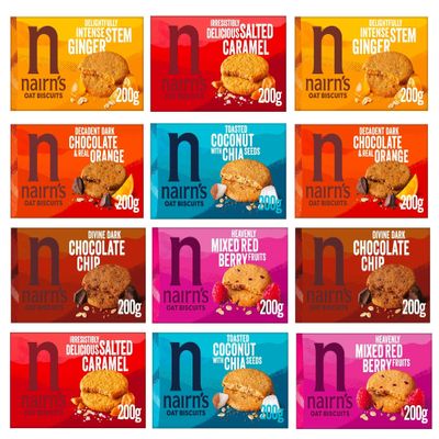 Nairn's Oat Biscuits Big Variety Pack Dark Chocolate Chip, Stem Ginger, Chocolate & Orange, Mixed Berries, Salted Caramel & Coconut & Chia Seeds, Pack of 12