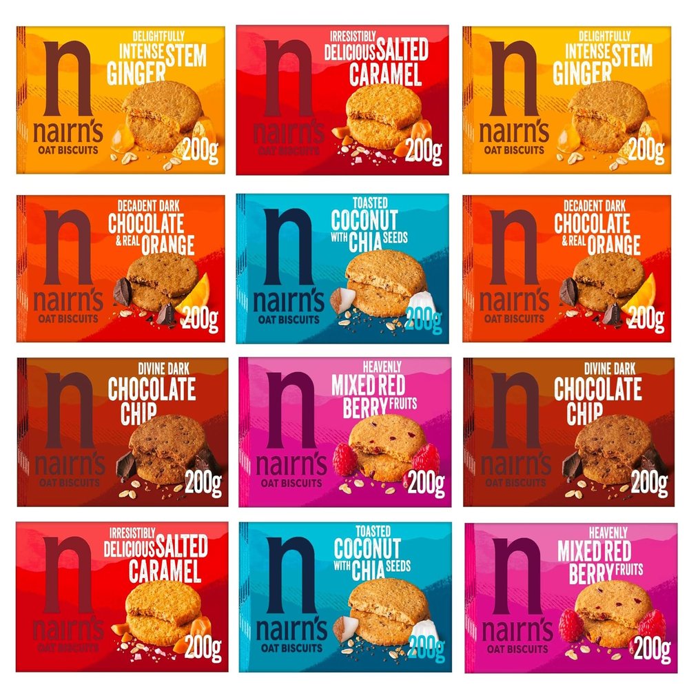Nairn's Oat Biscuits Big Variety Pack Dark Chocolate Chip, Stem Ginger, Chocolate & Orange, Mixed Berries, Salted Caramel & Coconut & Chia Seeds, Pack of 12