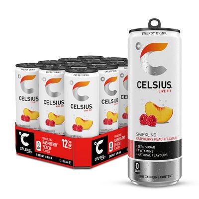 CELSIUS Energy Drink, Sparkling Raspberry Peach, Natural Flavours, No Artificial Colours, Sugar Free Energy Drinks, 355 mL