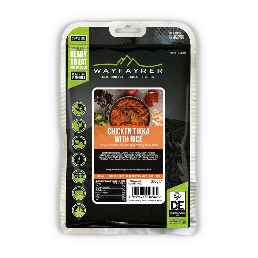 Wayfayrer Chicken Tikka & Rice 300g Ready to Eat, Hot or Cold, Meal Pouch Recommended for Duke of Edinburgh's Award Expeditions, Camping, Hiking, Fishing and Outdoor Adventures