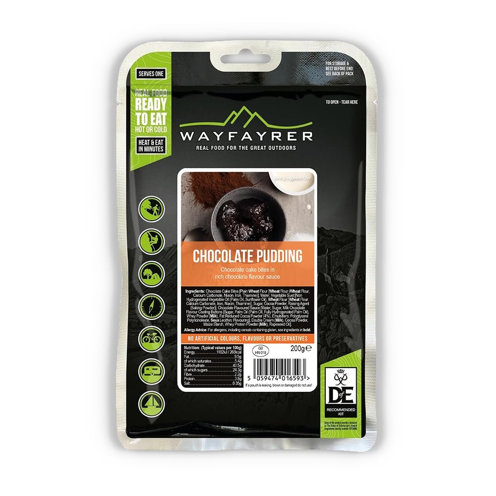 Wayfayrer Camping Food 200g Ready to Eat, Hot or Cold, Meal Pouch | Duke of Edinburgh Recommended Kit | Camping, Hiking, Fishing and Outdoor Adventures (Chocolate Pudding)