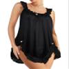 Foxiny Sexy Bows Split Side Ruffle Lace Mesh Sheer Babydoll Lingerie Dress Nightgown Set with Thong 2 Piece, Stretch Black, Large view 1