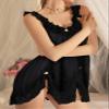 Foxiny Sexy Bows Split Side Ruffle Lace Mesh Sheer Babydoll Lingerie Dress Nightgown Set with Thong 2 Piece, Stretch Black, Large view 3
