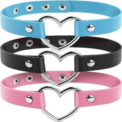 3Pcs Gothic Heart Choker Necklace Adjustable Leather Choker Punk Collar for Women and s Cosplayer Black&Blue&Pink Attractive Processing