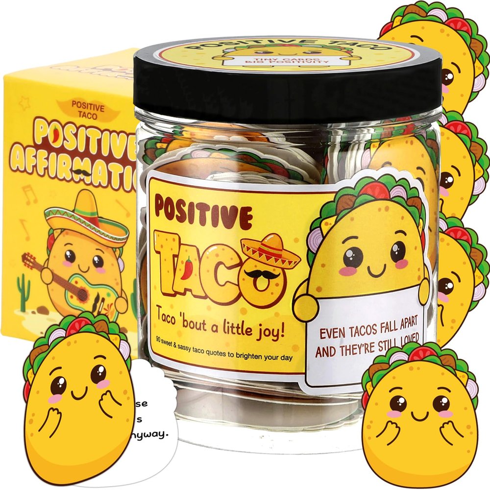 90 Positive Taco Cards Jar Funny Emotional Support Taco Card Jar Kit Affirmation Cards Birthday Gifts Inspirational Gifts for Women Men Teens Friends Coworkers Tacos Lovers Teachers Gift Desk Decor