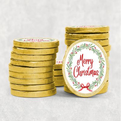 Christmas Chocolate Coins & Sticker Party Favors Kids Party Bag Fillers Festive Holiday Treats Santa gifts Stocking fillers - White Wreath - Coin 50