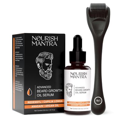 Nourish Mantra Derma Roller & Advanced Beard Growth Oil Serum | Derma Roller with 540 Stainless Steel Micro-Needles | Beard Growth Kit for Thicker & Fuller Beard | For Men