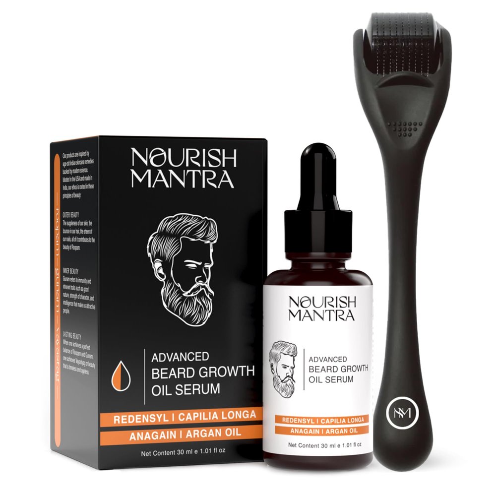 Nourish Mantra Derma Roller & Advanced Beard Growth Oil Serum | Derma Roller with 540 Stainless Steel Micro-Needles | Beard Growth Kit for Thicker & Fuller Beard | For Men