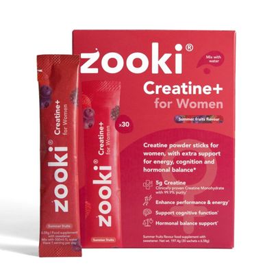 Zooki Creatine+ for Women Summer Fruits Flavour Creatine Monohydrate Powder with Vitamin B6, Vitamin B12 & Zinc, Micronised Powder, Easy Dissolve Creatine Monohydrate (30 Servings)