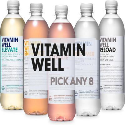 Vitamin Well Flavoured Water - Pick any 8 x 500ml - Choose from 5+ Flavours, Elevate, Enhance, Hydrate, Recover, Reload - Packed with Vitamin C, D, Zinc, Biotin, Low Calorie