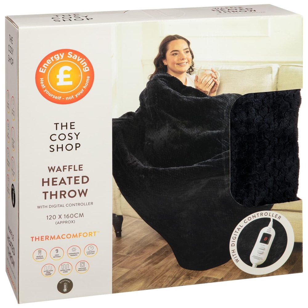 The Cosy Shop Waffle Heated Throw - Black - Features: Digital Remote Control, 9 Heat Settings, Therapeutic Warmth, 2 Hour Auto Shut Off, Ultra Thin Wire for Added Comfort, Extra Long Power Cord
