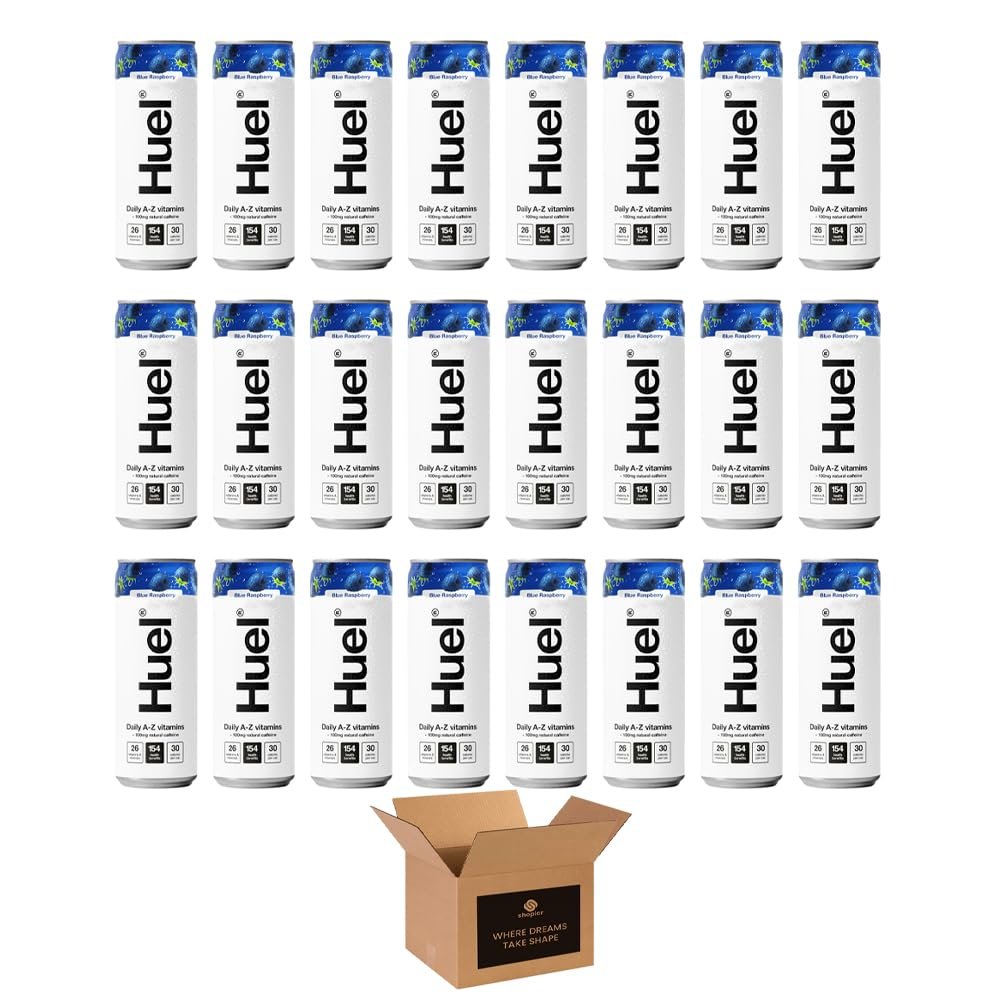 Huel Daily AZ Vitamins Energy Drink, Variety Flavor Sparkling Multivitamin, No Sugar 26 Vitamins, 100mg Natural Caffeine, 925mg Electrolytes | Low Calorie Vegan (Blue Raspberry - 330ml x 24Pack)