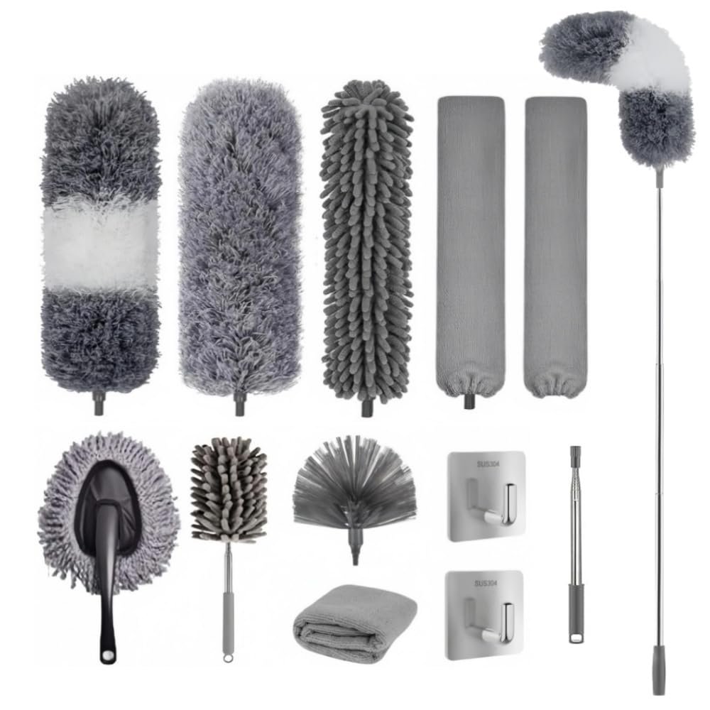 12 Pcs Feather Duster, Microfibre Feather Duster Bendable Extendable Washable Cobweb Duster with 100 inches Long Telescopic Duster, for Cleaning Ceiling Fan Lights Blinds Cars Furniture