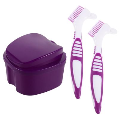 Hohopeti Denture Cleaning Brush with Case for False Teeth and Braces, Purple Plastic Lightweight Kit for Efficient Deep Cleaning, for Travel Use