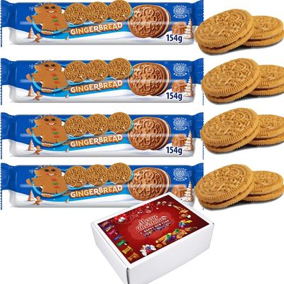 Gingerbread Sandwich Biscuits 154g With Gift Box - Sandwich Biscuits With A Vanilla Flavour Filling (4 x Packs)