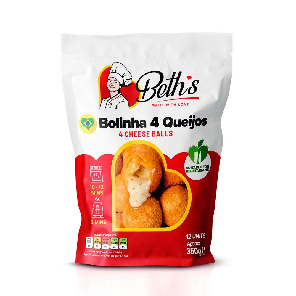 Beth's Bolinha 4 Queijos, Vegetarian Brazilian Cheese Balls, 12 Units, Frozen Ready to Heat Appetizers, 350g Pack