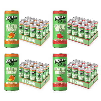 PerfectTed Sparkling Healthy Energy Drink Cans, All-Natural Green Tea Caffeine & L-Theanine | Vegan | Gluten-Free (48 Pack, Apple Raspberry, Juicy Peach)
