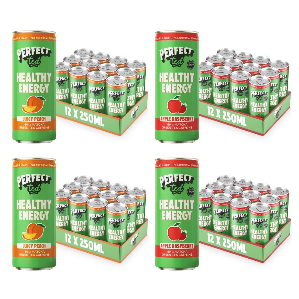 PerfectTed Sparkling Healthy Energy Drink Cans, All-Natural Green Tea Caffeine & L-Theanine | Vegan | Gluten-Free (48 Pack, Apple Raspberry, Juicy Peach)