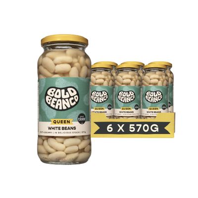 Bold Bean Queen White Beans 6 x 570g High Protein & Fibre Ready to Eat Vegan, Gluten Free Pantry Staple